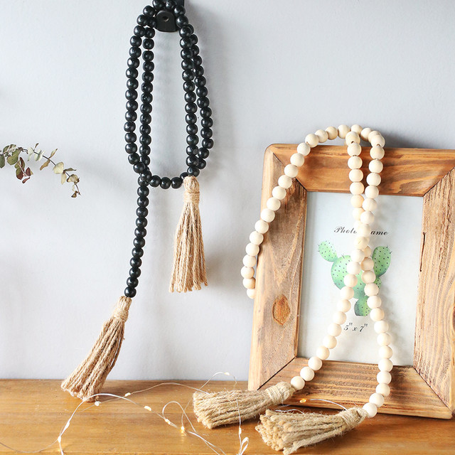 Wood Bead Garland with Tassels Rustic Home Decor Wooden Beads